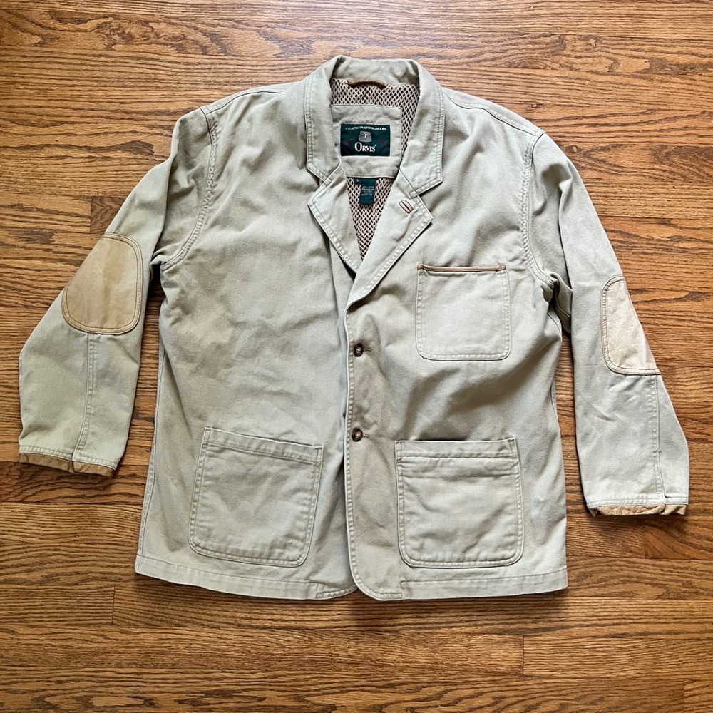 Vintage Orvis Mens Khaki Cotton Canvas Field Coat Leather Elbow Patches Size L